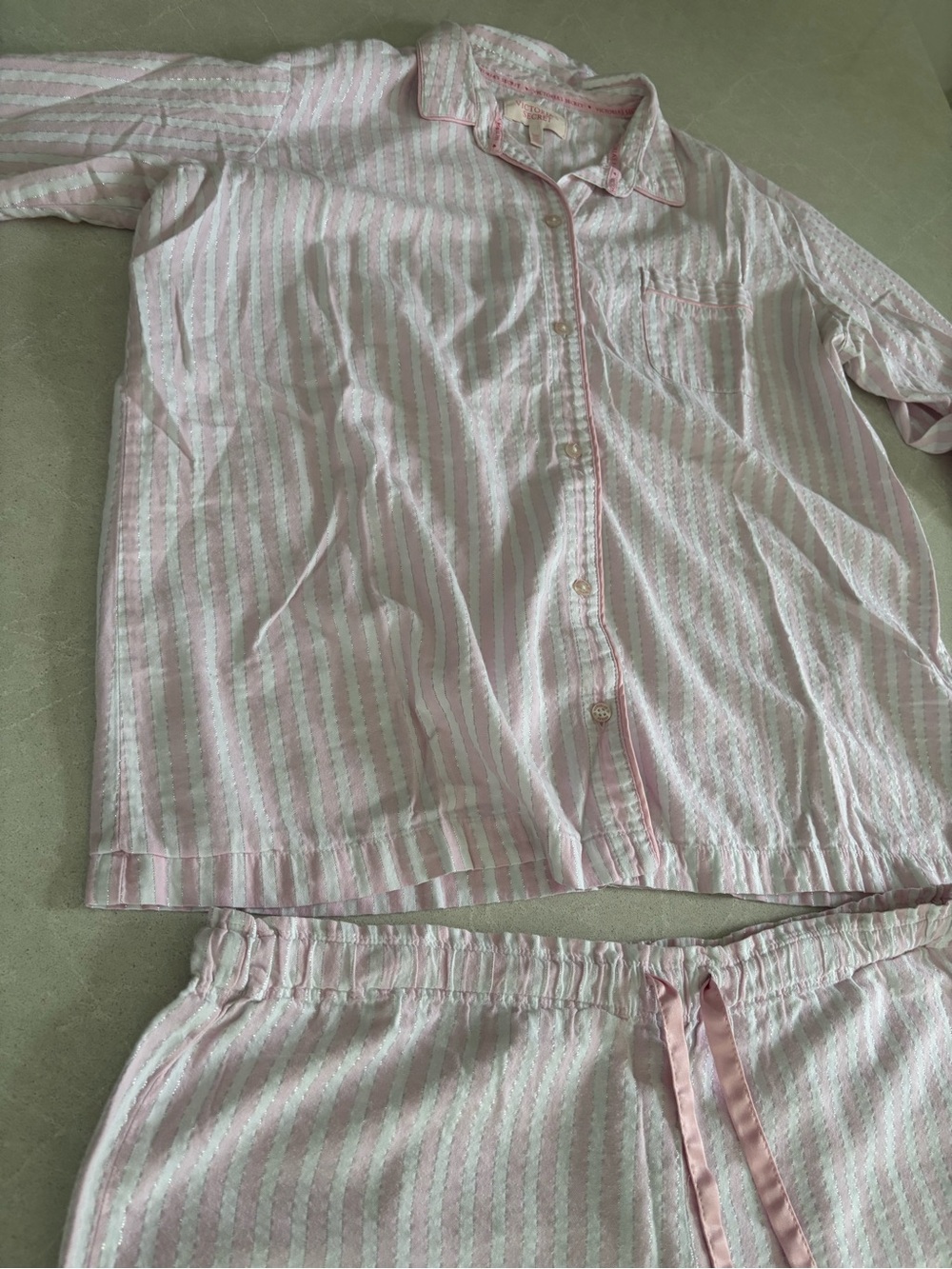 Victoria's Secret Pink White Iconic Stripe Pajama Set XL 98% Cotton Lurex Luxury